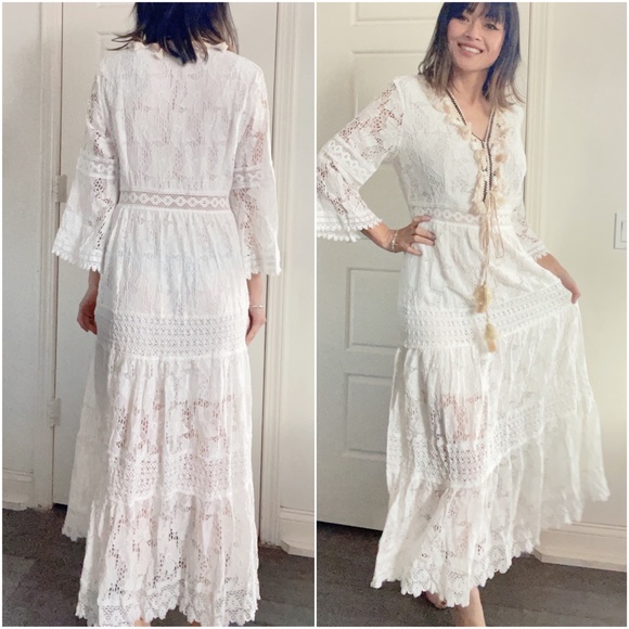 04 Floral Lace Tassel Pom Pom V neck maxi Dress - Picture 6 of 8